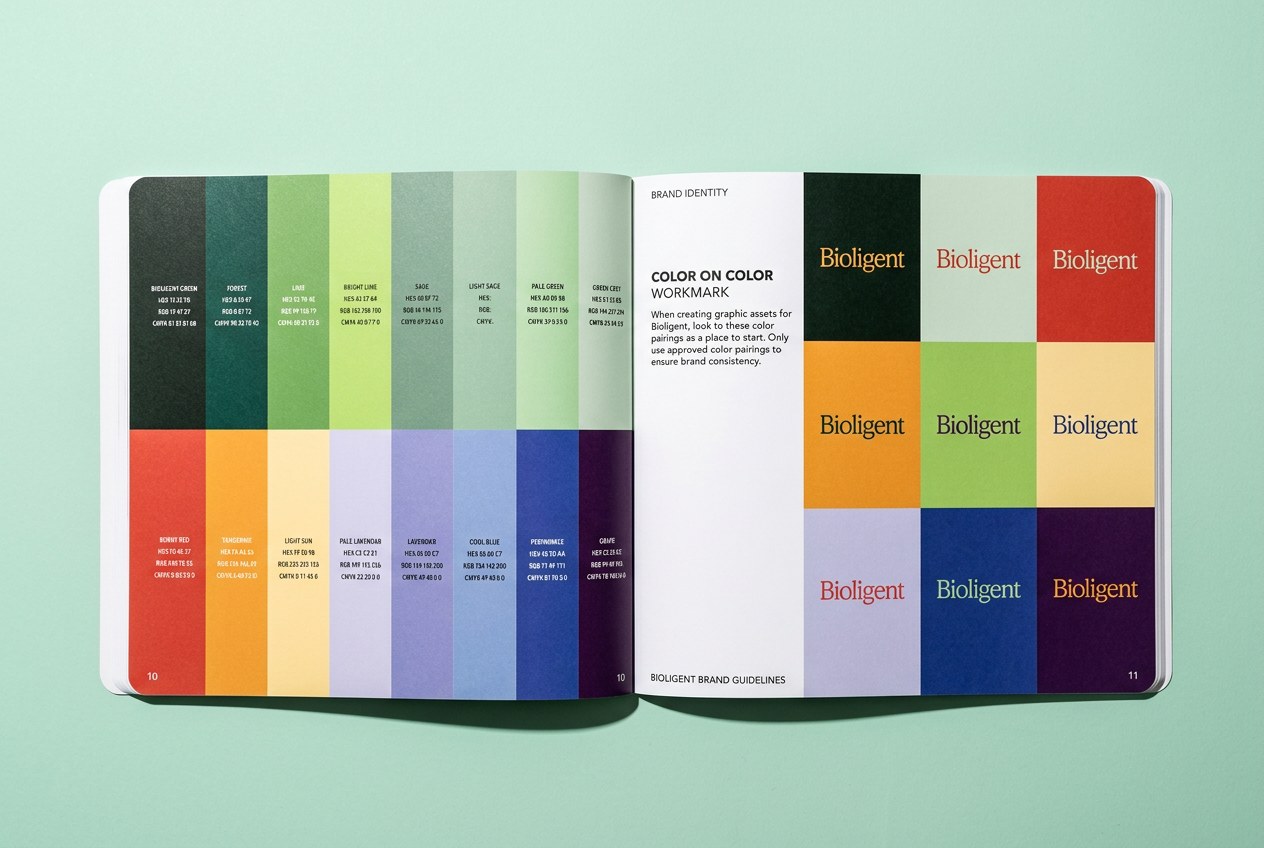 Bioligent brand guidelines spread showing the full color palette and color-on-color workmark examples