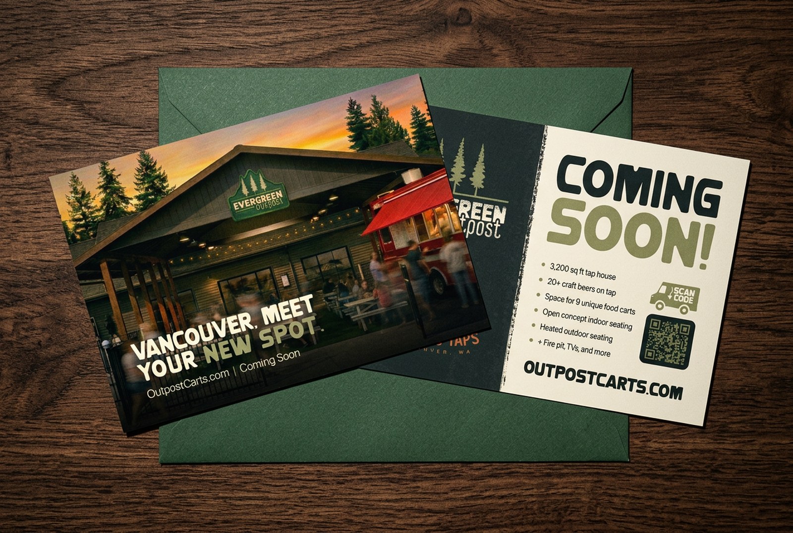 Evergreen Outpost printed postcard mailer
