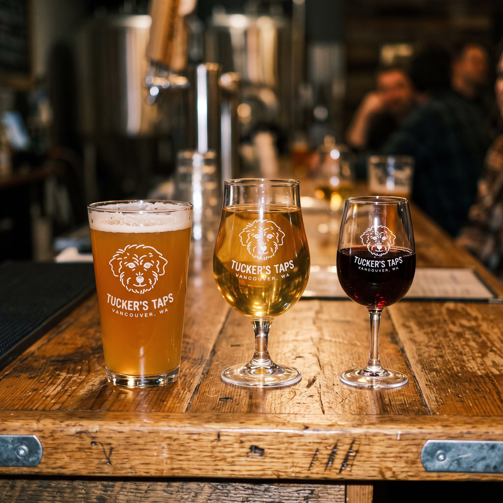 Tucker's Taps branded pint, tulip, and wine glasses etched with the dog logo on a wood bar